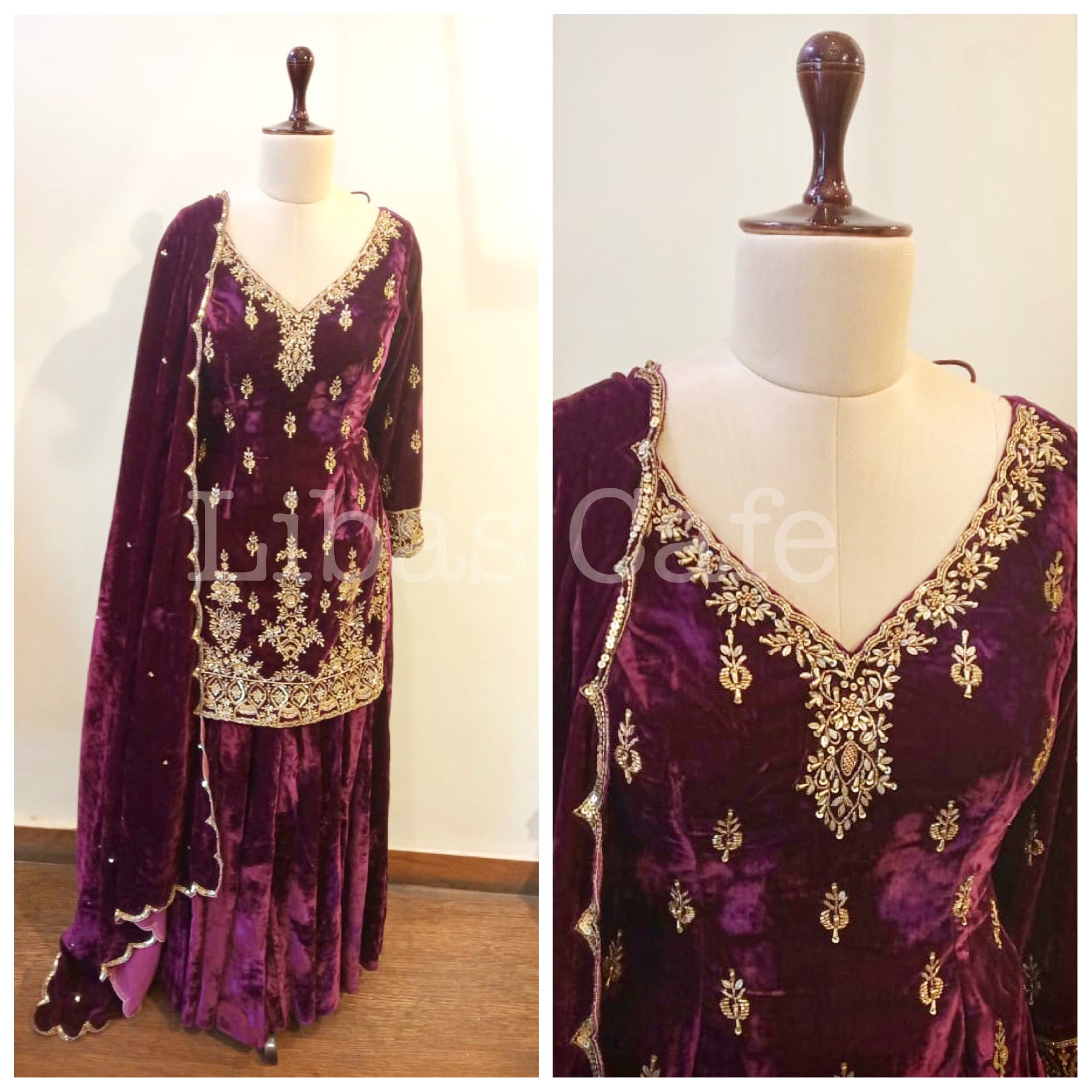 Plum Velvet Zardozi Emrboidered Sharara Suit